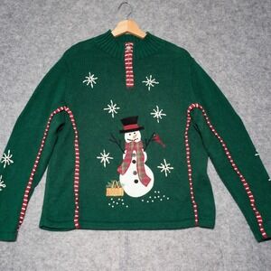 VTG Christmas Holiday Sweater L Longaberger Homestead Y2K Snowman Basket 1/4 Zip